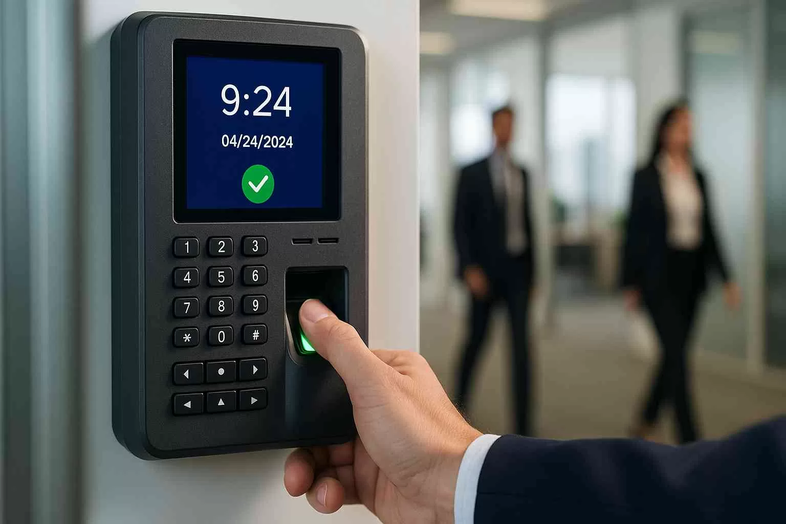 Biometric attendance system scanning employee fingerprint