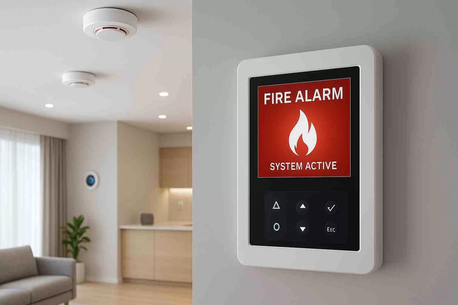 Fire alarm system installed in a modern smart home with detectors and control panel.