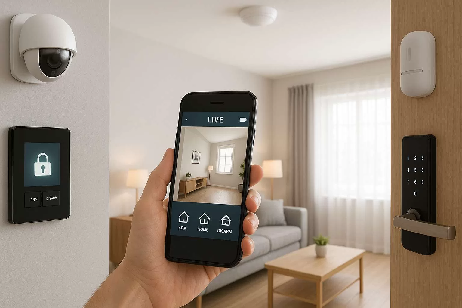 Modern security systems installed in a smart home with surveillance cameras and motion sensors.