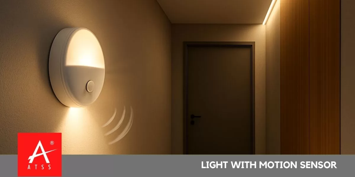 Light with motion sensor illuminating a modern hallway