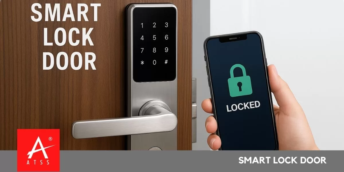 Smart lock for door showing smartphone-controlled access