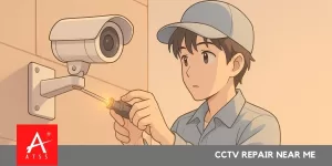 echnician performing CCTV repair near me to fix camera connectivity issue.