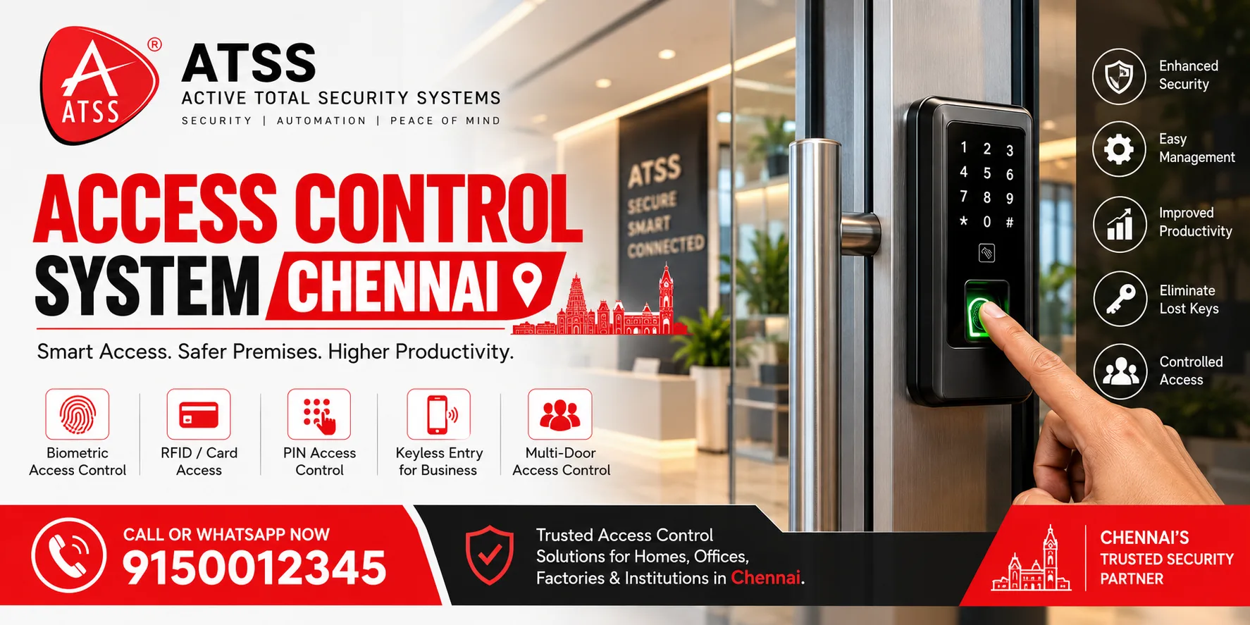 Access control system in Chennai featuring biometric fingerprint reader, RFID card access and keyless entry solutions by ATSS.