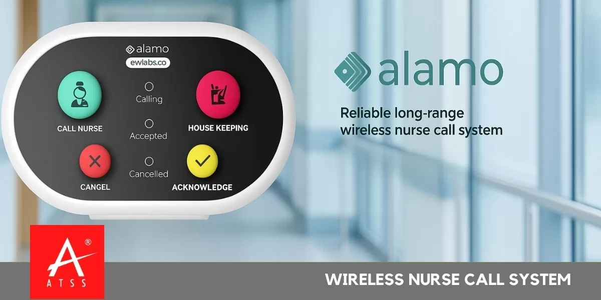 Nurse using wireless nursing call system in hospital setting