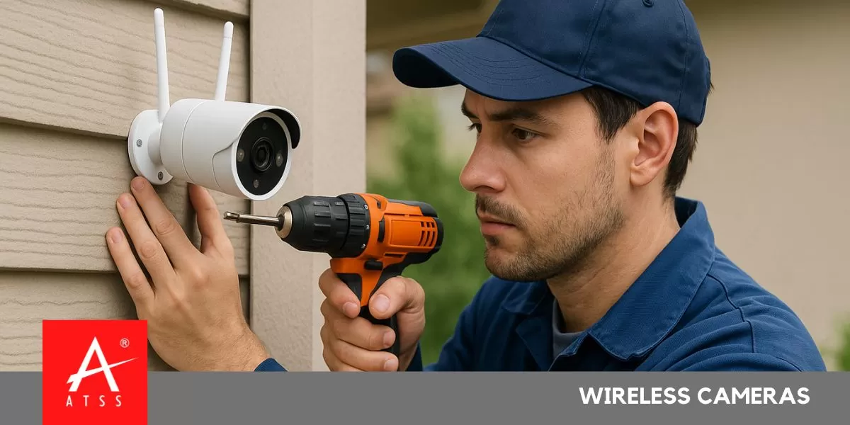 Technician installing wireless camera on home wall for security